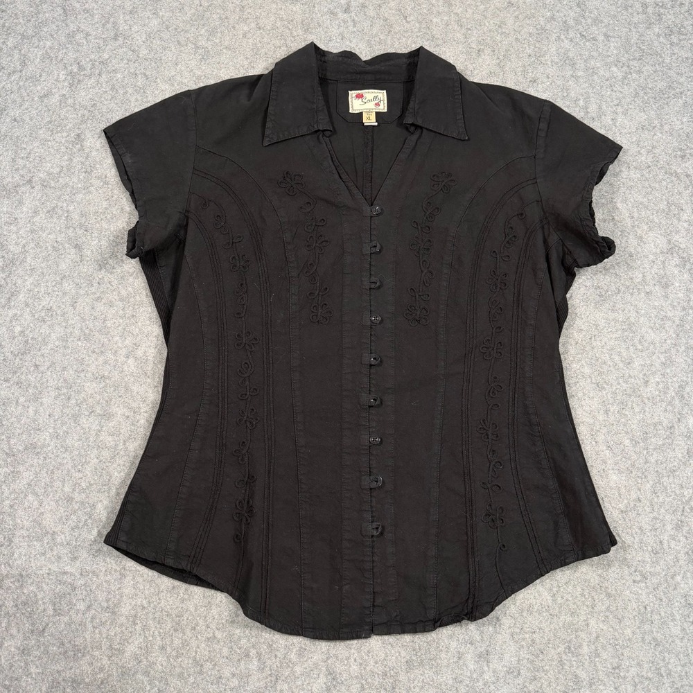 Scully Black Embroidered Peruvian Cotton Cap Sleeve Blouse Women's Size XL